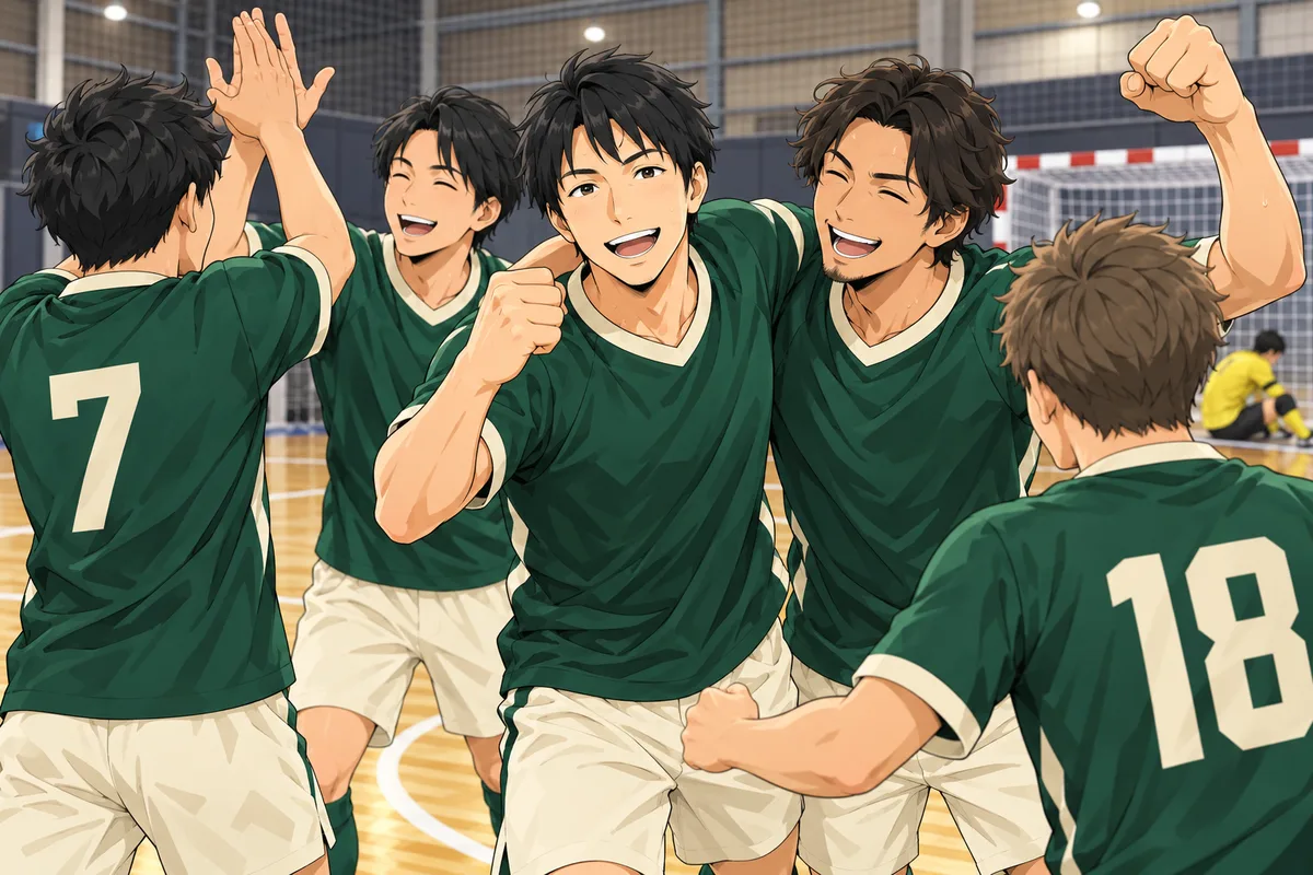試合に勝って、チームの仲間と喜び合うkanata.