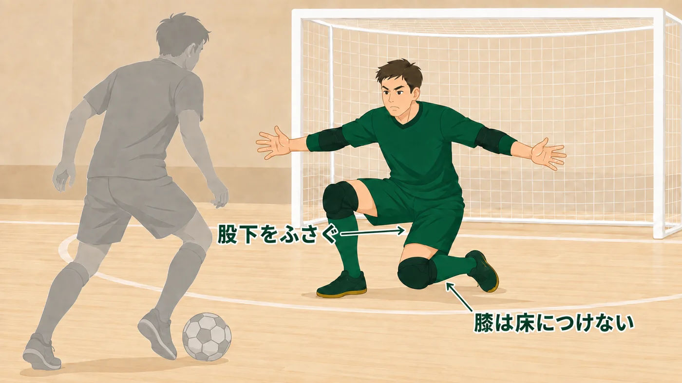 1対1で片膝を内側に折り込み、股下を塞いで構えるゴレイロ