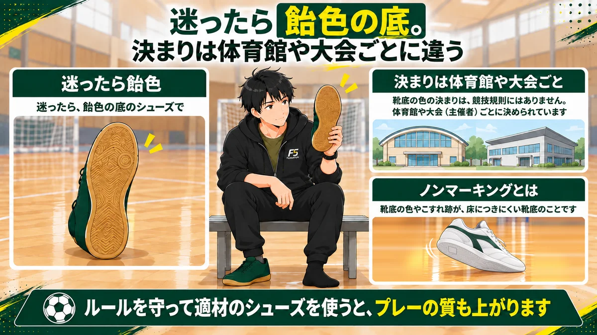 迷ったら飴色の底、決まりは体育館や大会ごとに違う、という結論と、迷ったら飴色・決まりは体育館や大会ごと・ノンマーキングとは、の3つのポイントを示した図解