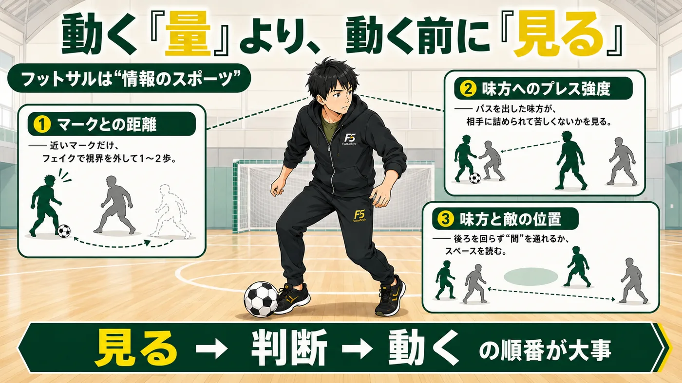 フットサルの動き方の結論図解。動く前に見る3つのポイント(マークとの距離・味方へのプレス強度・味方と敵の位置)と、見る→判断→動くの流れを示した図