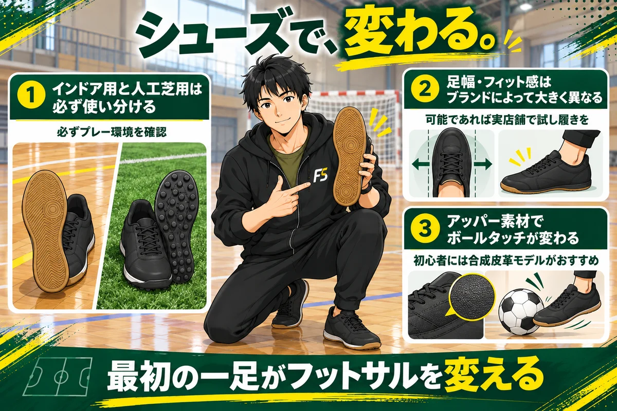 シューズで変わる、という結論と、インドア用と人工芝用は必ず使い分ける、足幅・フィット感はブランドによって大きく異なる、アッパー素材でボールタッチが変わる、の3つのポイントを示した図解