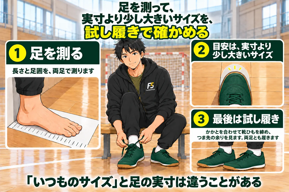 足を測って、実寸より少し大きいサイズを、試し履きで確かめる、という結論と、足を測る・目安は実寸より少し大きいサイズ・最後は試し履き、の3つのポイントを示した図解