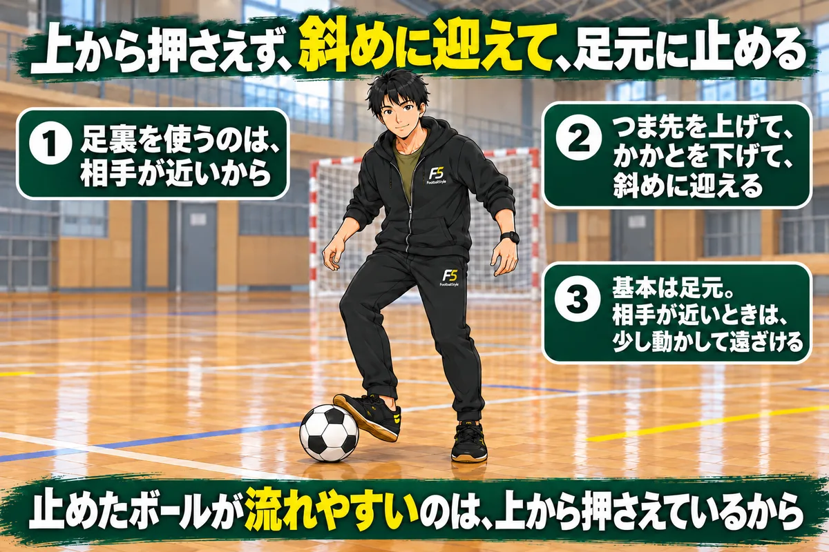 上から押さえず、斜めに迎えて、足元に止める、という結論と、足裏を使うのは相手が近いから・つま先を上げてかかとを下げて斜めに迎える・基本は足元で相手が近いときは少し動かして遠ざける、の3つを示した図解